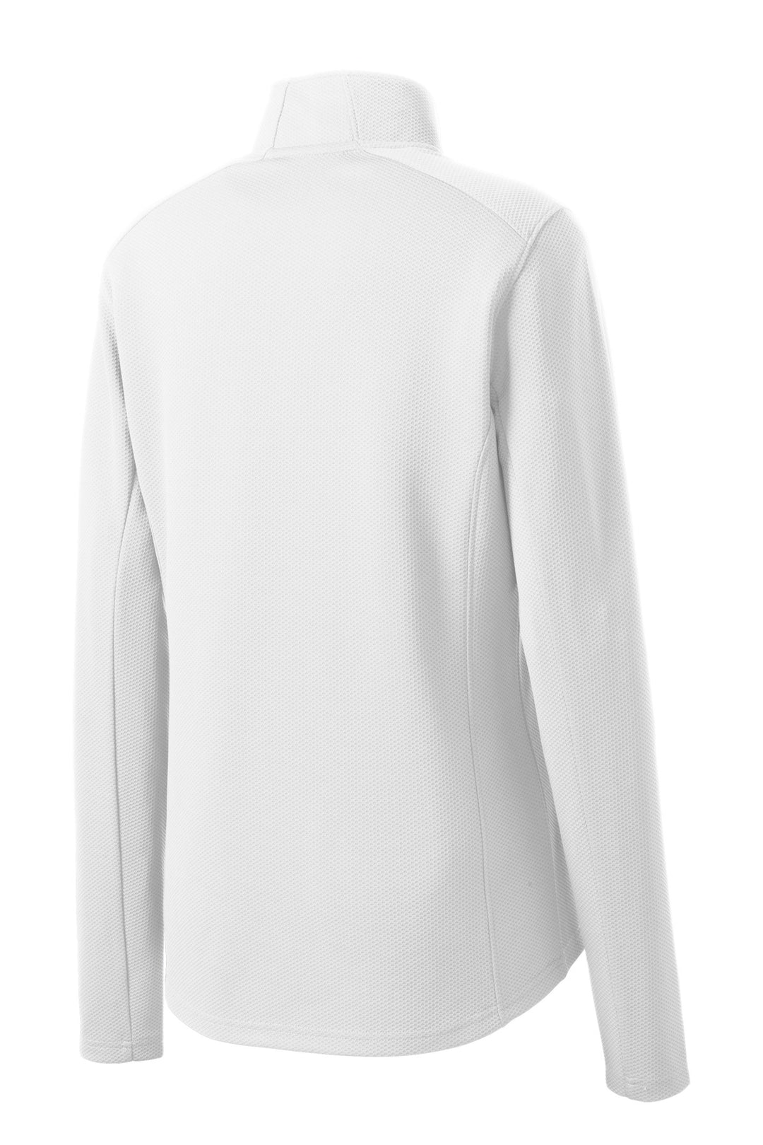Rear View of White Sport-Tek Women's Sport-Wick Textured 1/4-Zip Pullover. LST860