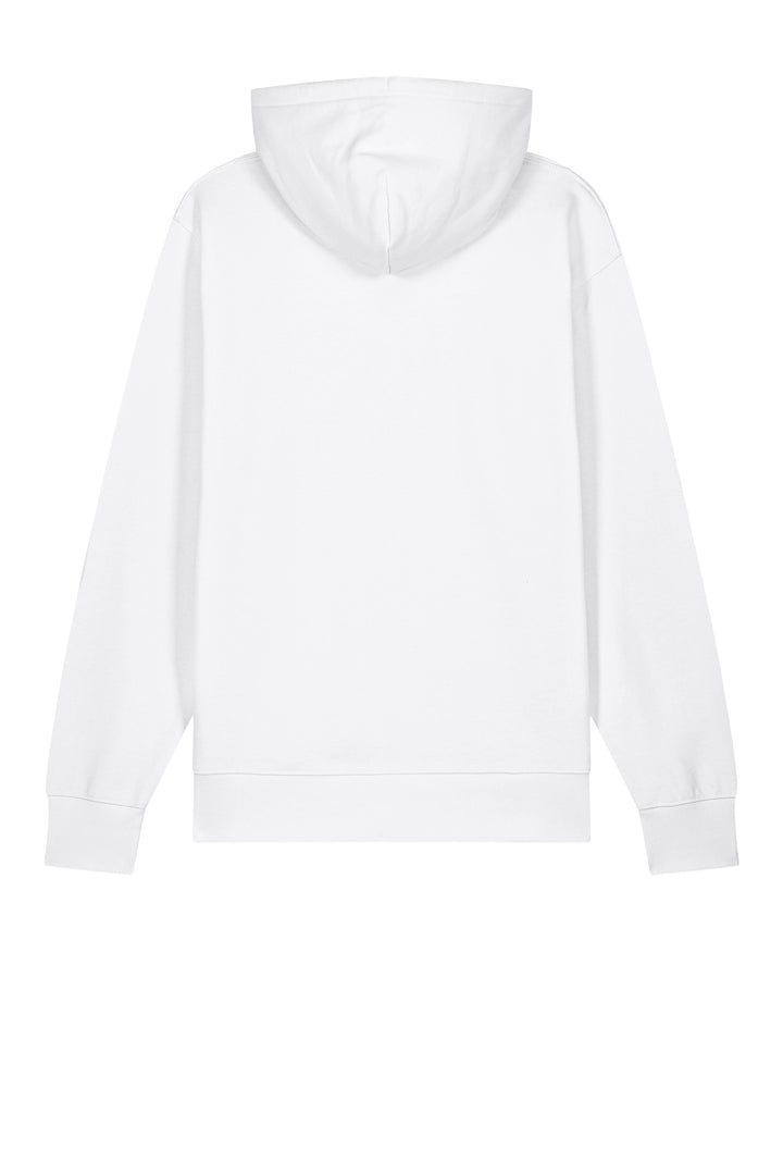 Rear View of White Stanley/Stella Unisex Cruiser 2.0 Hooded Sweatshirt SXU003