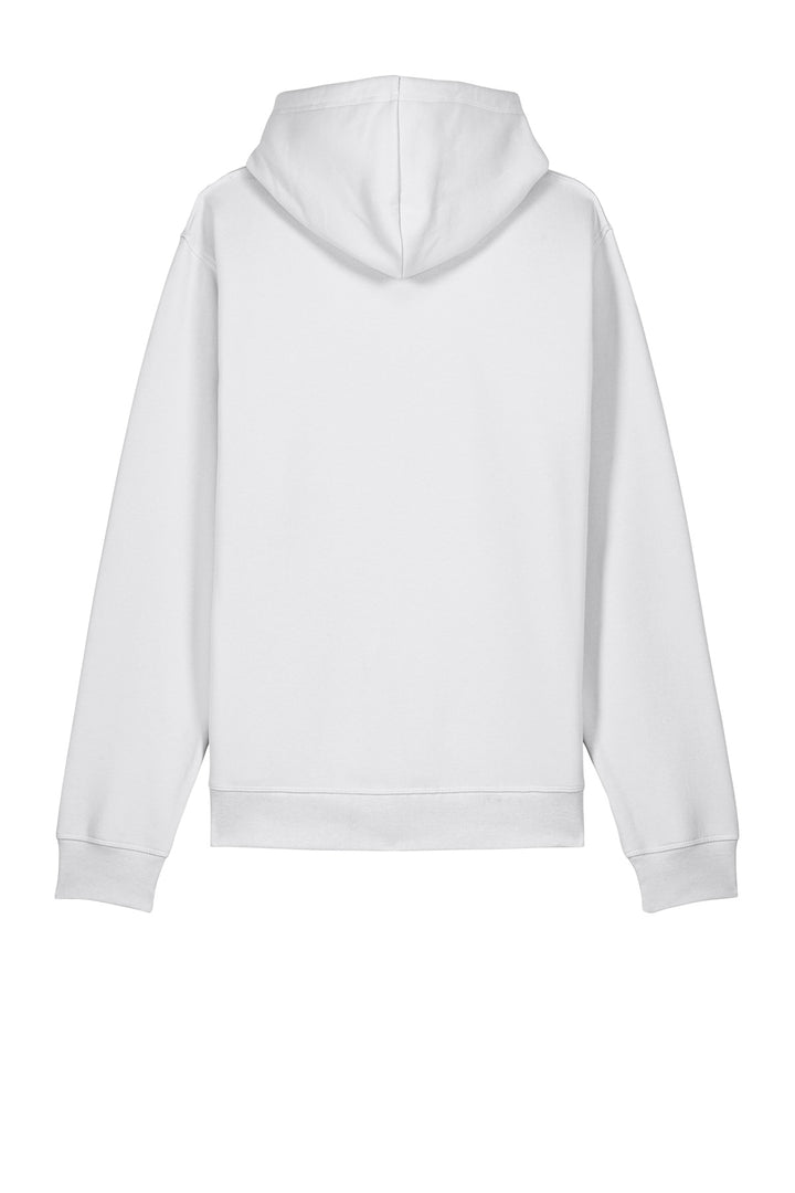 Rear View of White Stanley/Stella Unisex Drummer 2.0 Hooded Sweatshirt SXU009