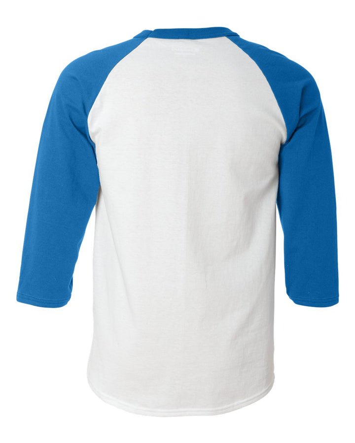 Rear View of White/ Team Blue Raglan Sleeve Baseball T-Shirt - T137