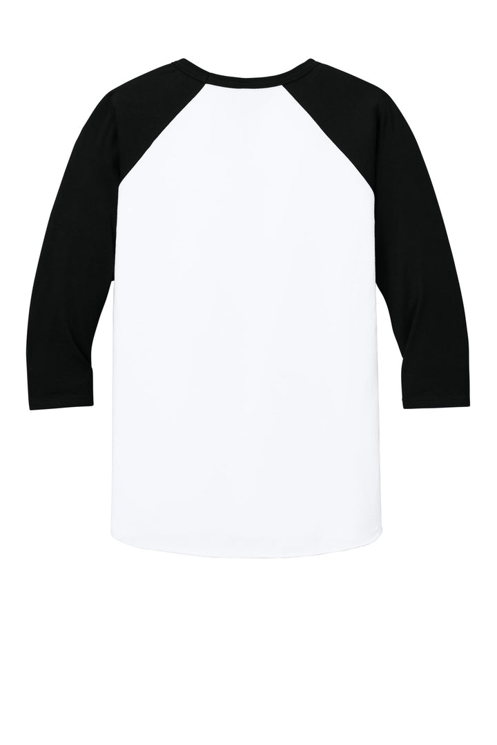 Rear View of Wht/BlkInk Jerzees Unisex Premium Blend Combed Ring Spun 3/4-Sleeve Raglan 560R