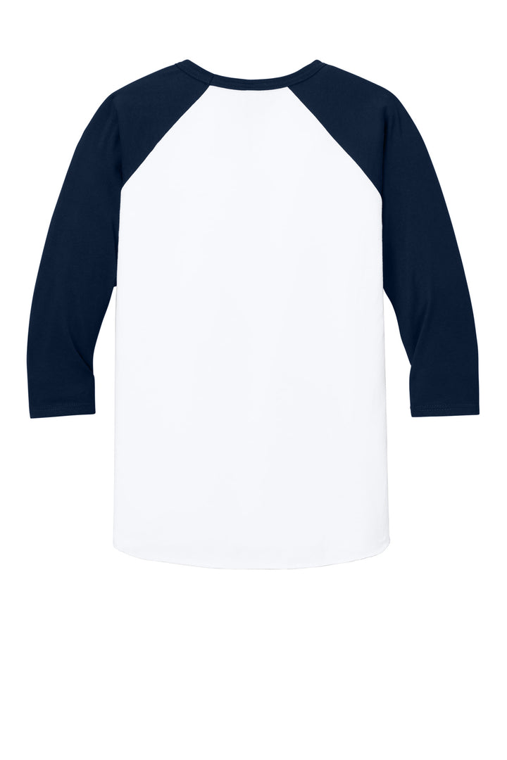 Rear View of Wht/JNavy Jerzees Unisex Premium Blend Combed Ring Spun 3/4-Sleeve Raglan 560R