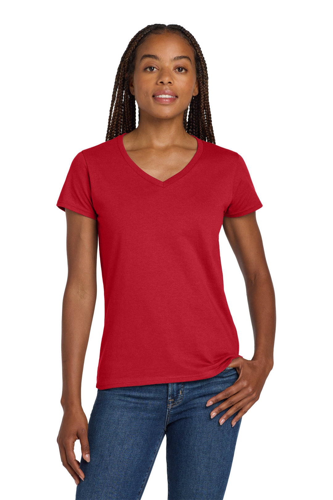 Red Gildan Women's Heavy Cotton 100% Cotton V-Neck T-Shirt. 5V00L