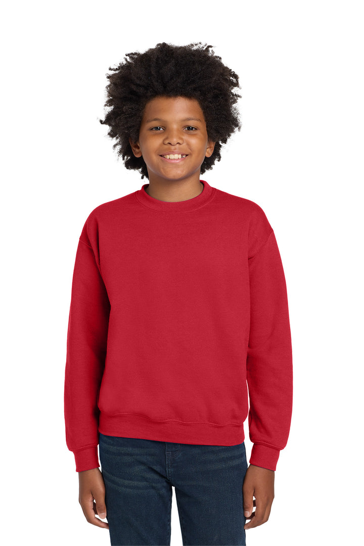 Red Gildan Youth Heavy Blend Crewneck Sweatshirt. 18000B