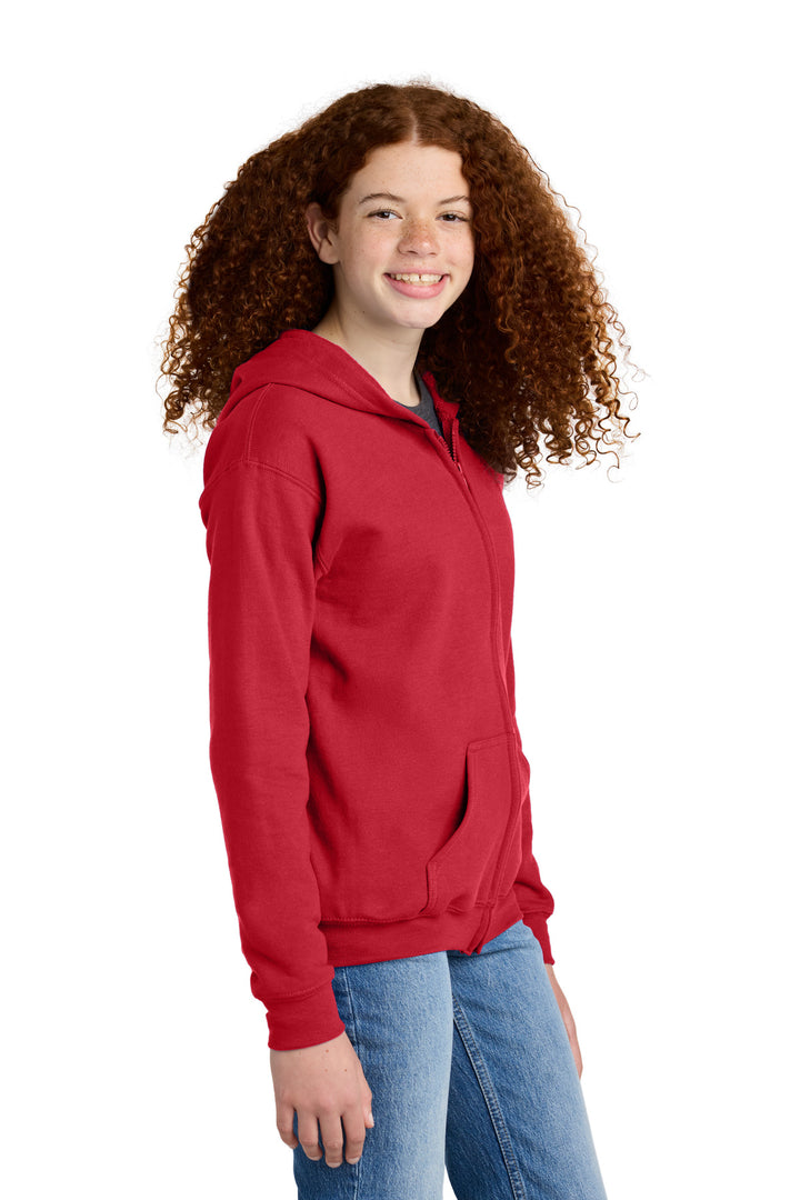 Red Gildan Youth Heavy Blend Full-Zip Hooded Sweatshirt. 18600B