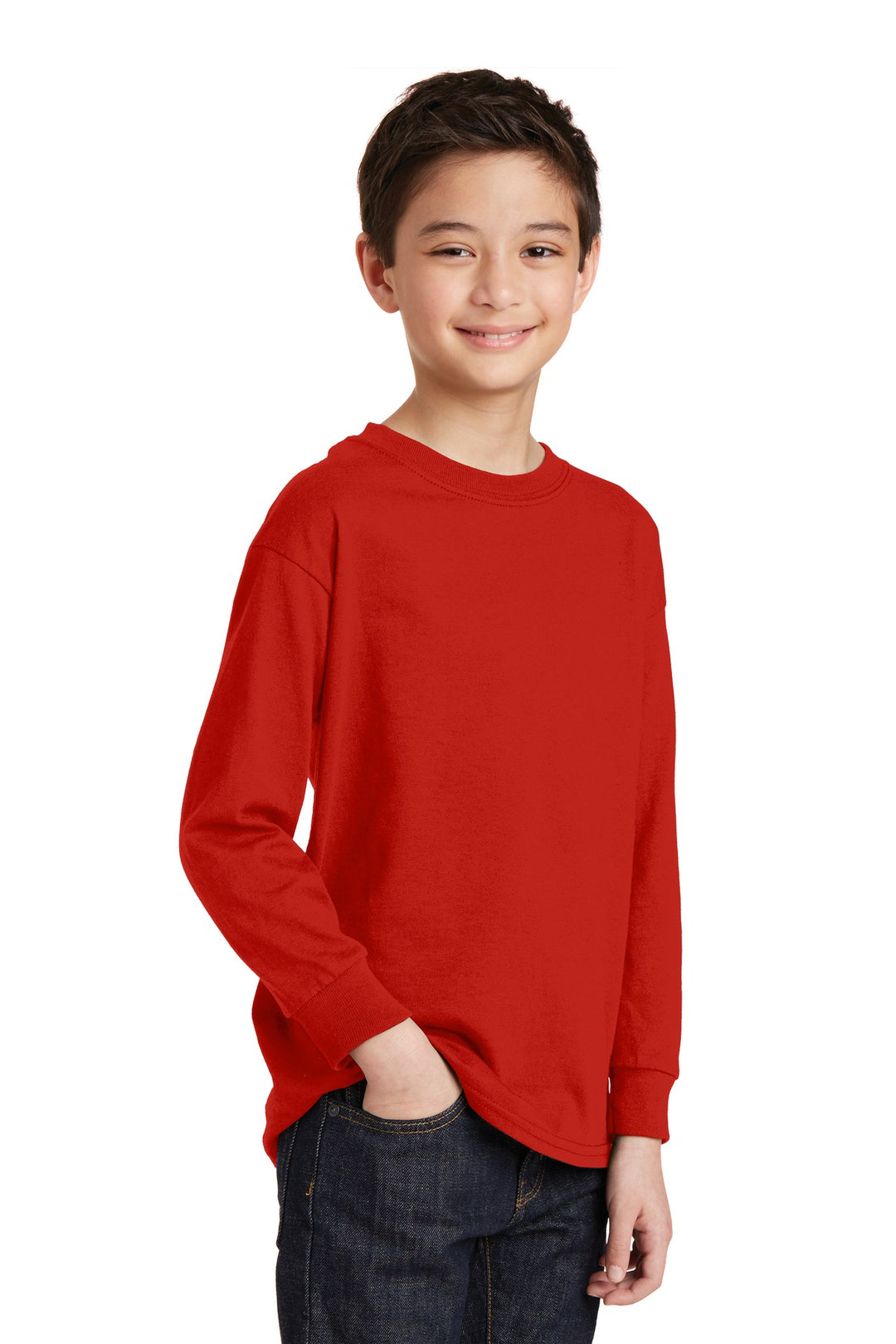 Red Gildan Youth Heavy Cotton 100% Cotton Long Sleeve T-Shirt. 5400B