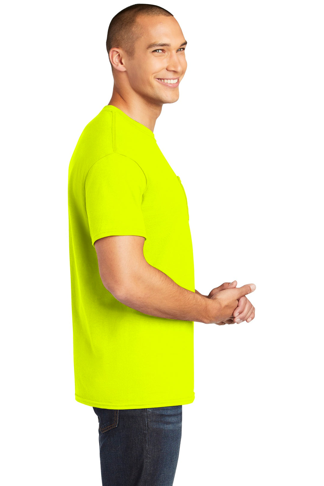 Safety Green Gildan Heavy Cotton 100% Cotton Pocket T-Shirt. 5300