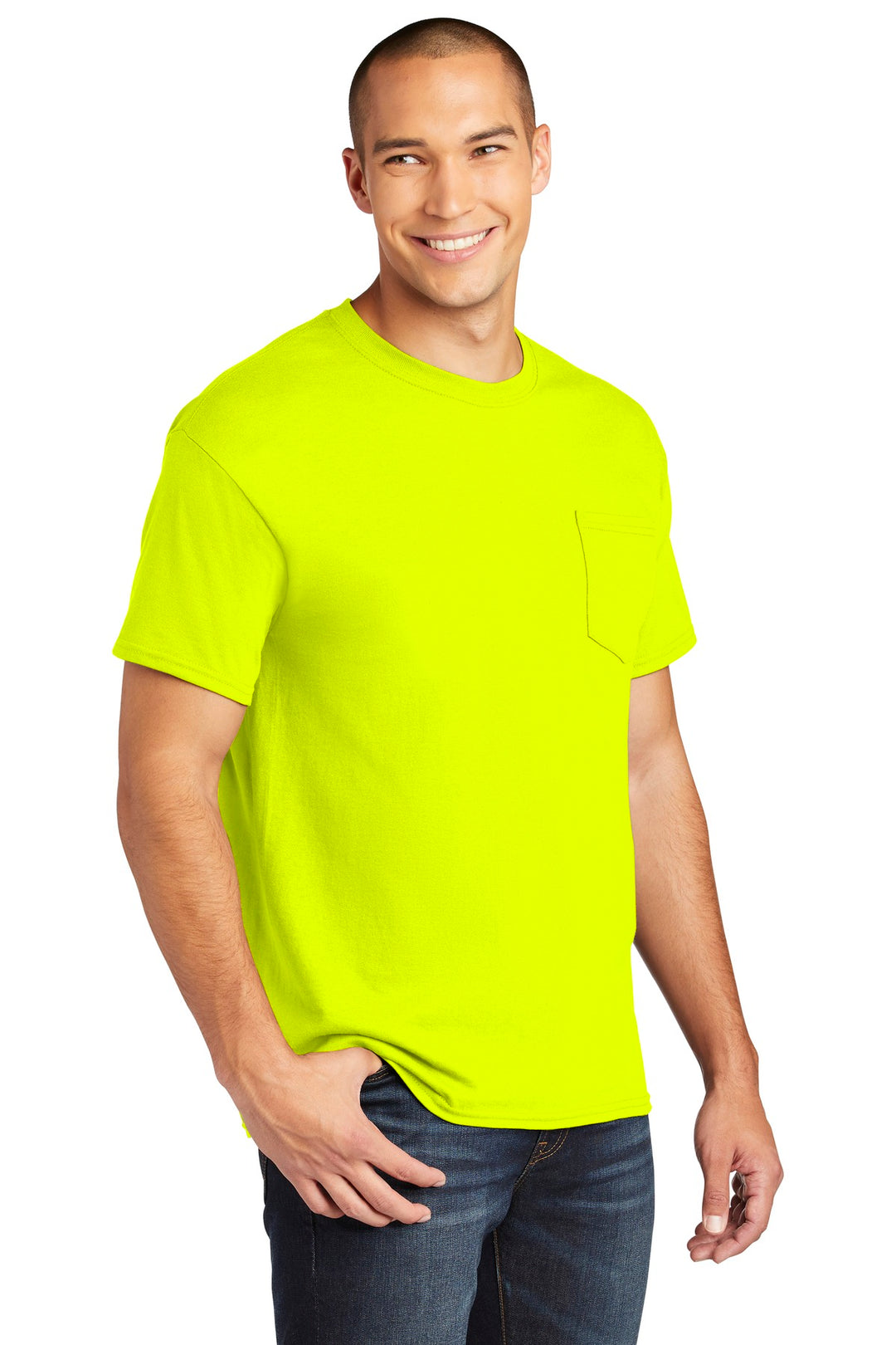 Safety Green Gildan Heavy Cotton 100% Cotton Pocket T-Shirt. 5300