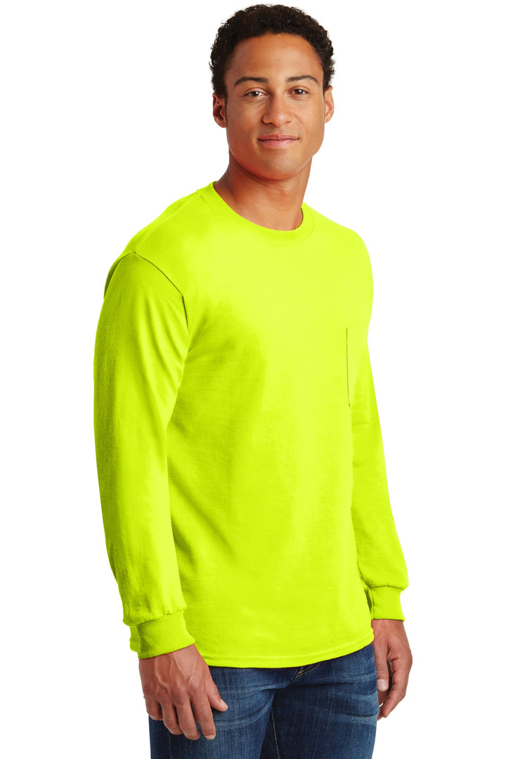 Safety Green Gildan - Ultra Cotton 100% US Cotton Long Sleeve T-Shirt with Pocket. 2410