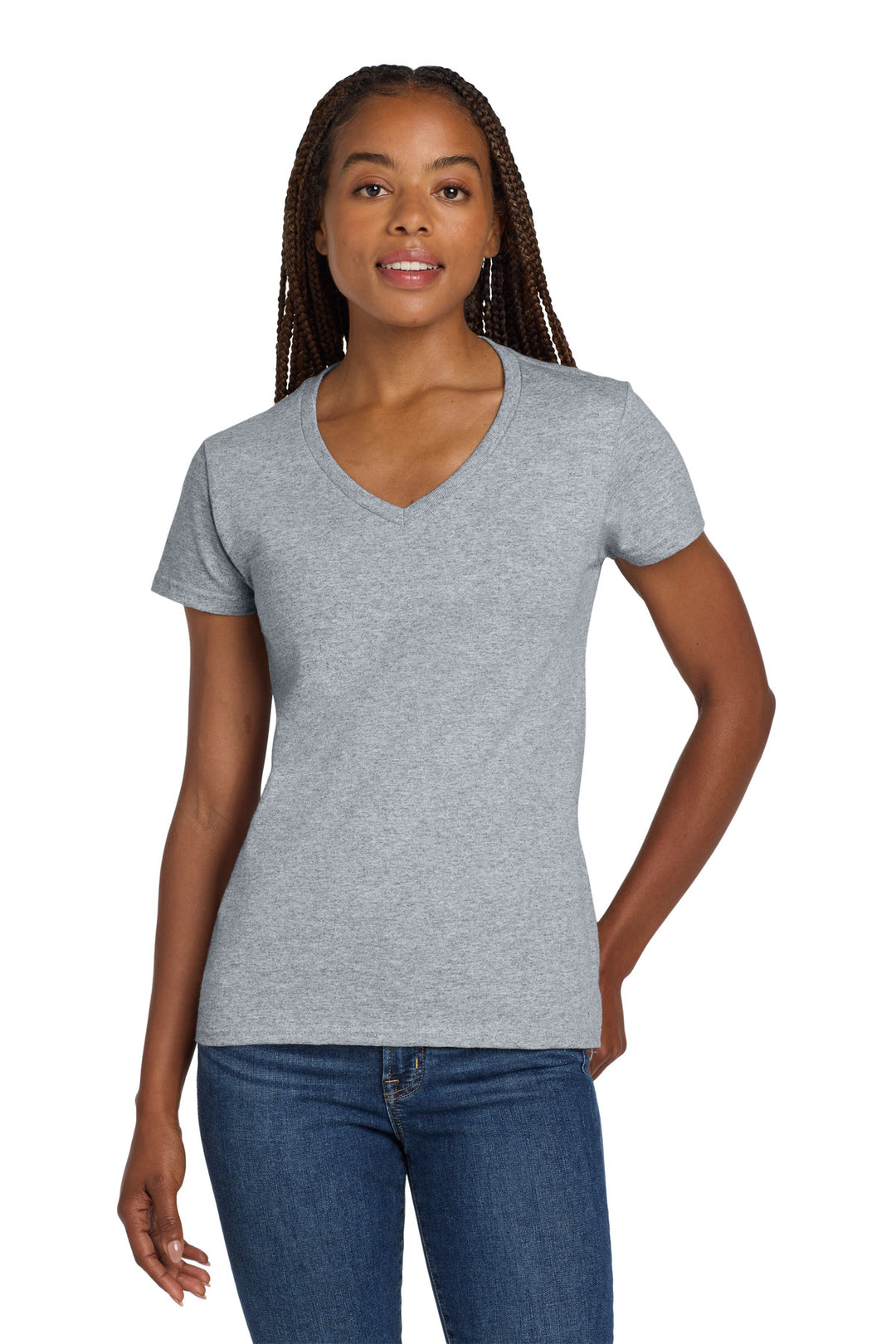 Sport Grey Gildan Women's Heavy Cotton 100% Cotton V-Neck T-Shirt. 5V00L