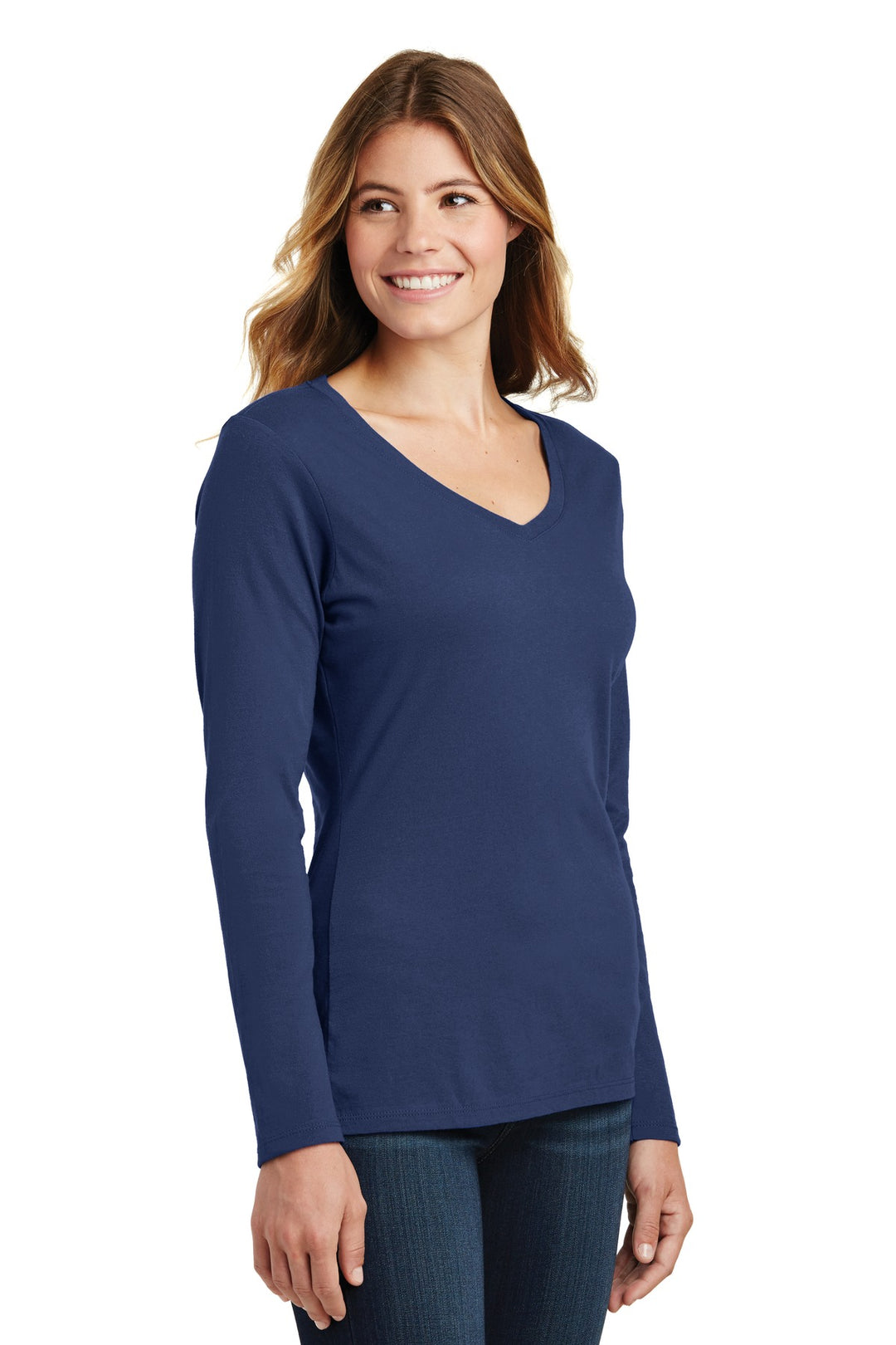 Team Navy Port & Company Women's Long Sleeve Fan Favorite V-Neck Tee. LPC450VLS