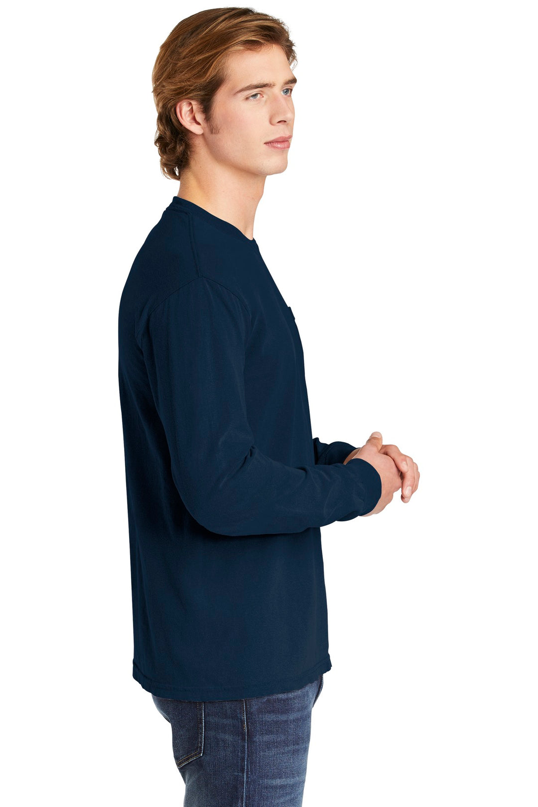 True Navy COMFORT COLORS Heavyweight Ring Spun Long Sleeve Pocket Tee. 4410
