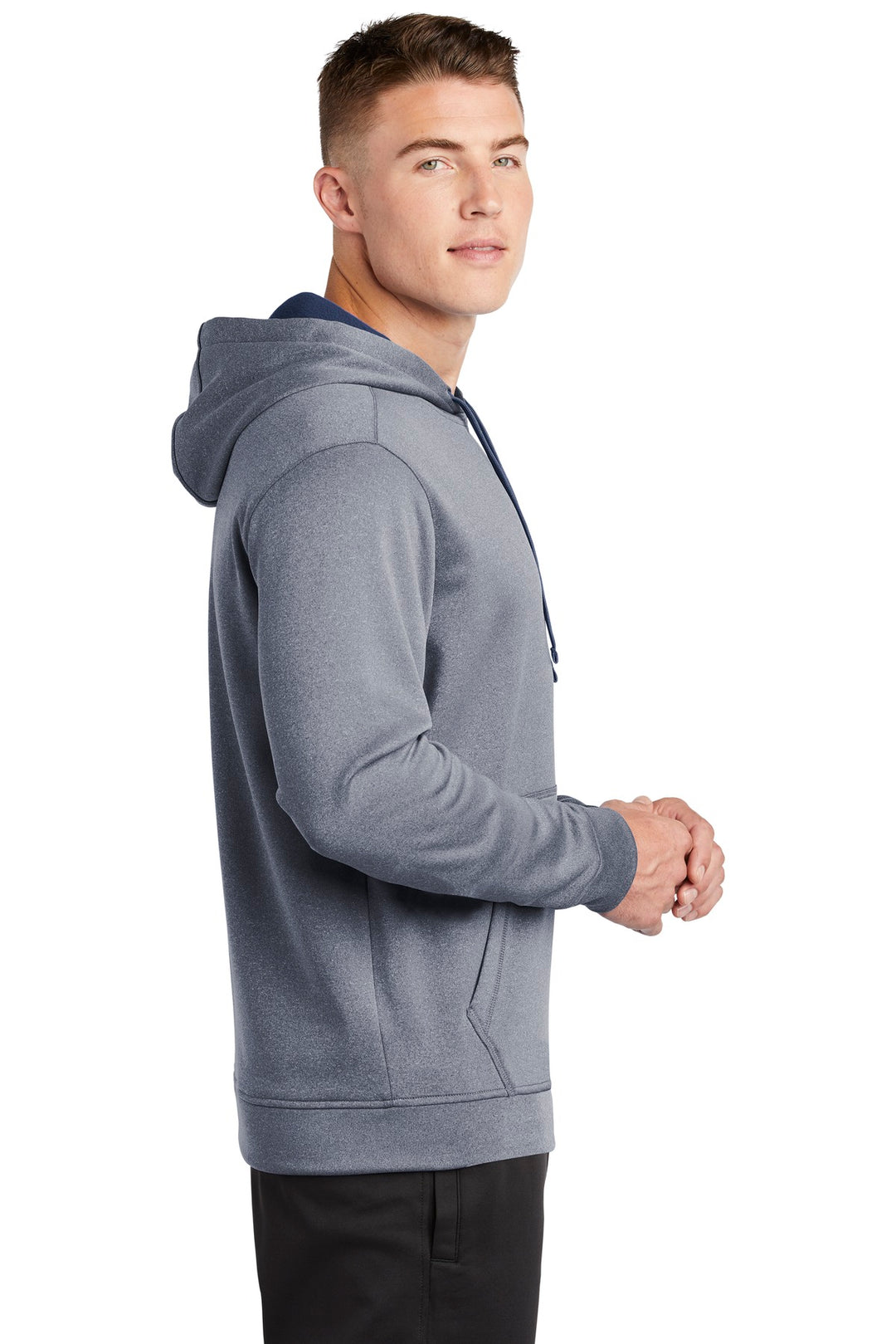 True Navy Hthr Sport-Tek PosiCharge Sport-Wick Heather Fleece Hooded Pullover. ST264