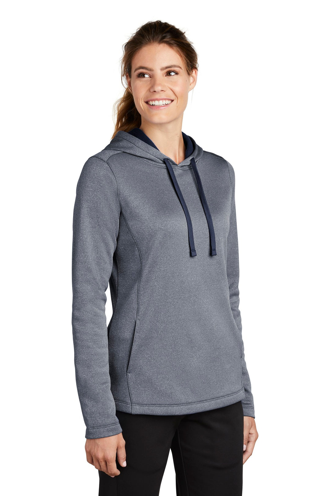 True Navy Hthr Sport-Tek Women's PosiCharge Sport-Wick Heather Fleece Hooded Pullover. LST264