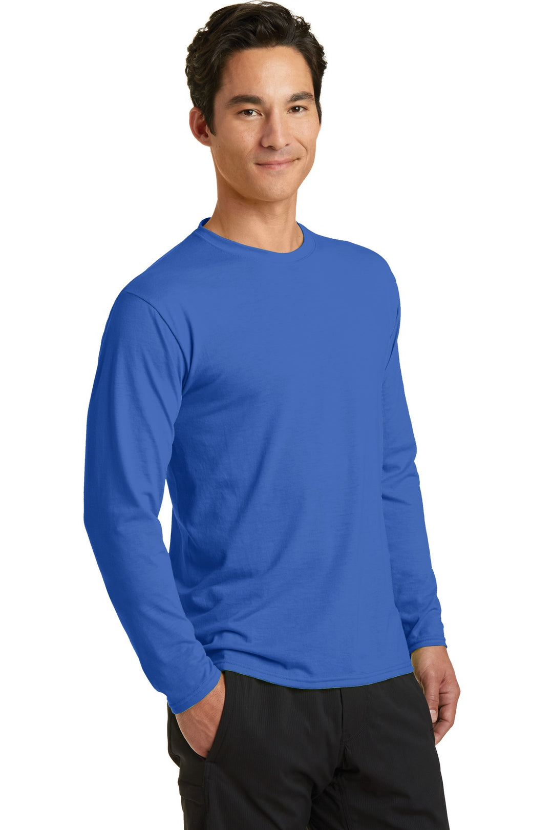 True Royal Port & Company Long Sleeve Performance Blend Tee. PC381LS