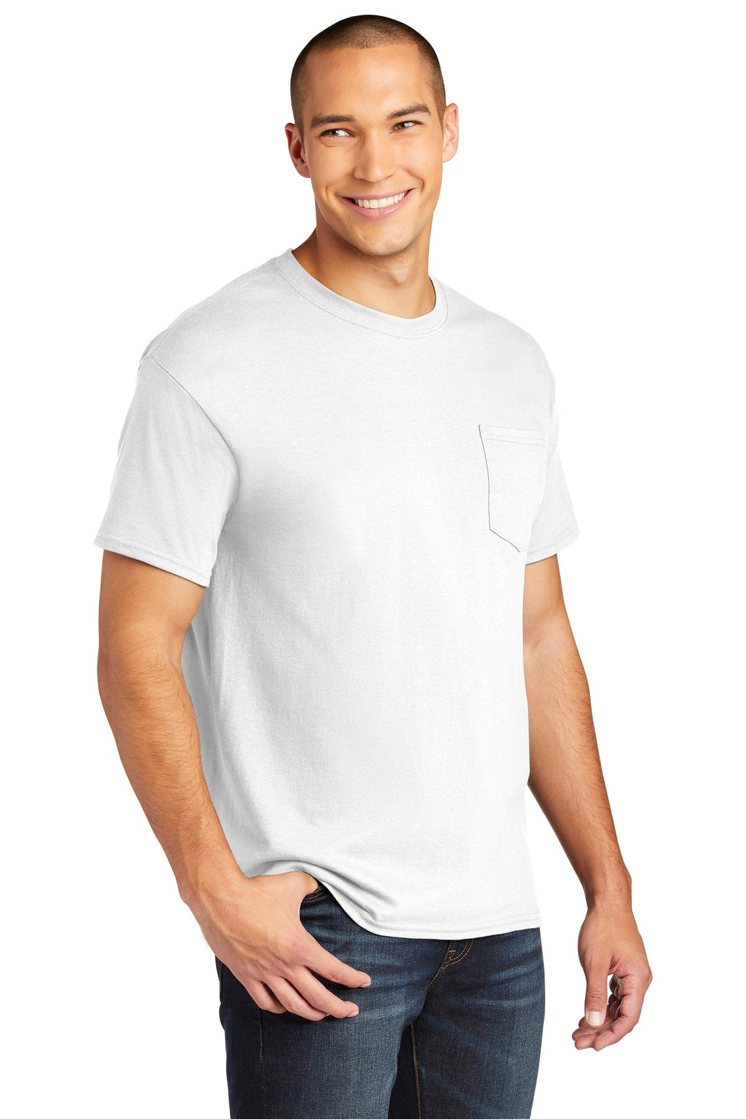 White Gildan Heavy Cotton 100% Cotton Pocket T-Shirt. 5300