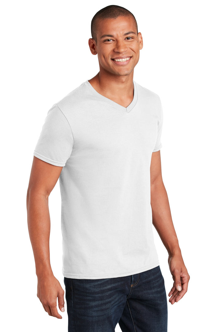 White Gildan Softstyle V-Neck T-Shirt. 64V00