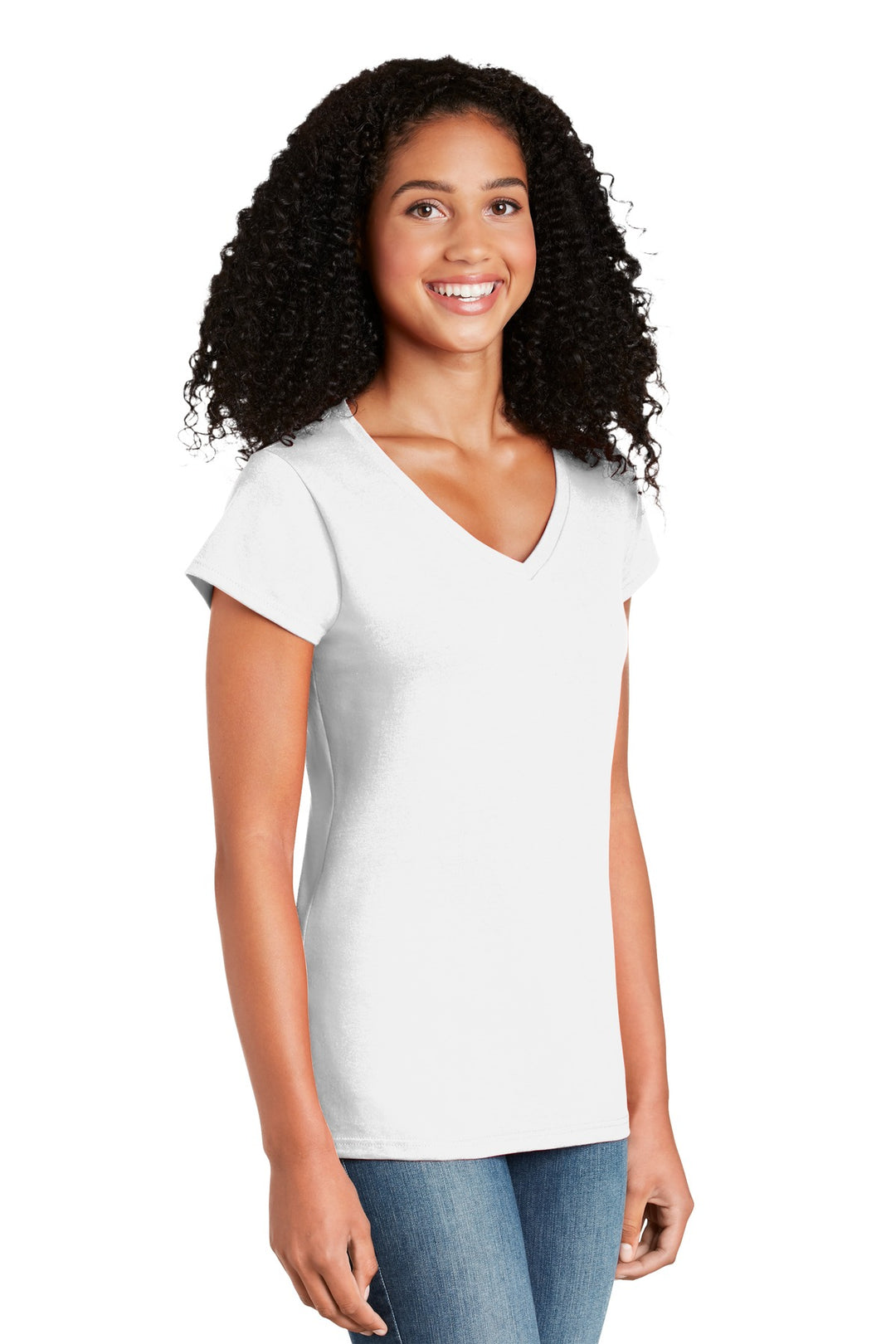 White Gildan Softstyle Women's Fit V-Neck T-Shirt. 64V00L