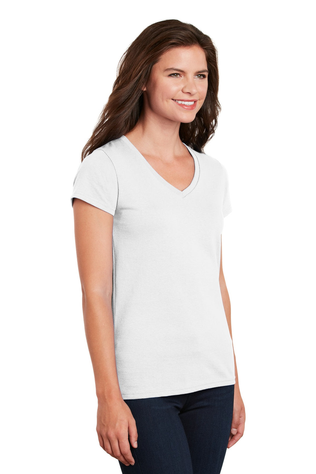 White Gildan Women's Heavy Cotton 100% Cotton V-Neck T-Shirt. 5V00L