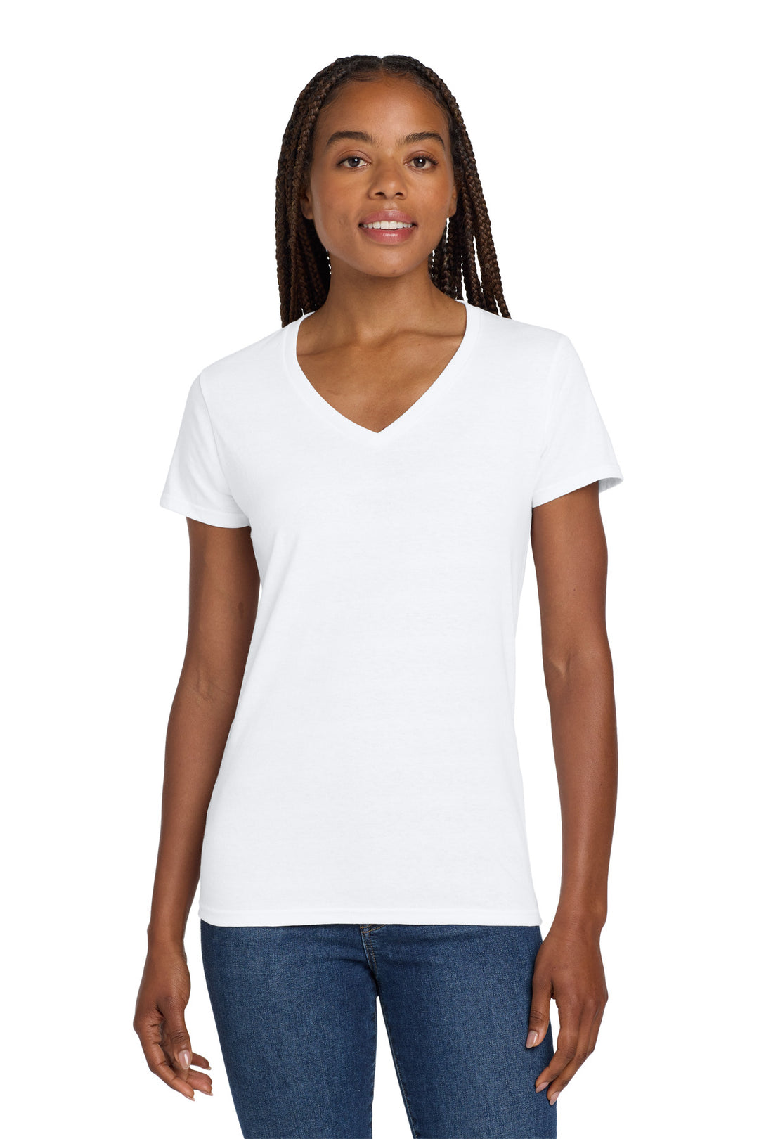 White Gildan Women's Heavy Cotton 100% Cotton V-Neck T-Shirt. 5V00L