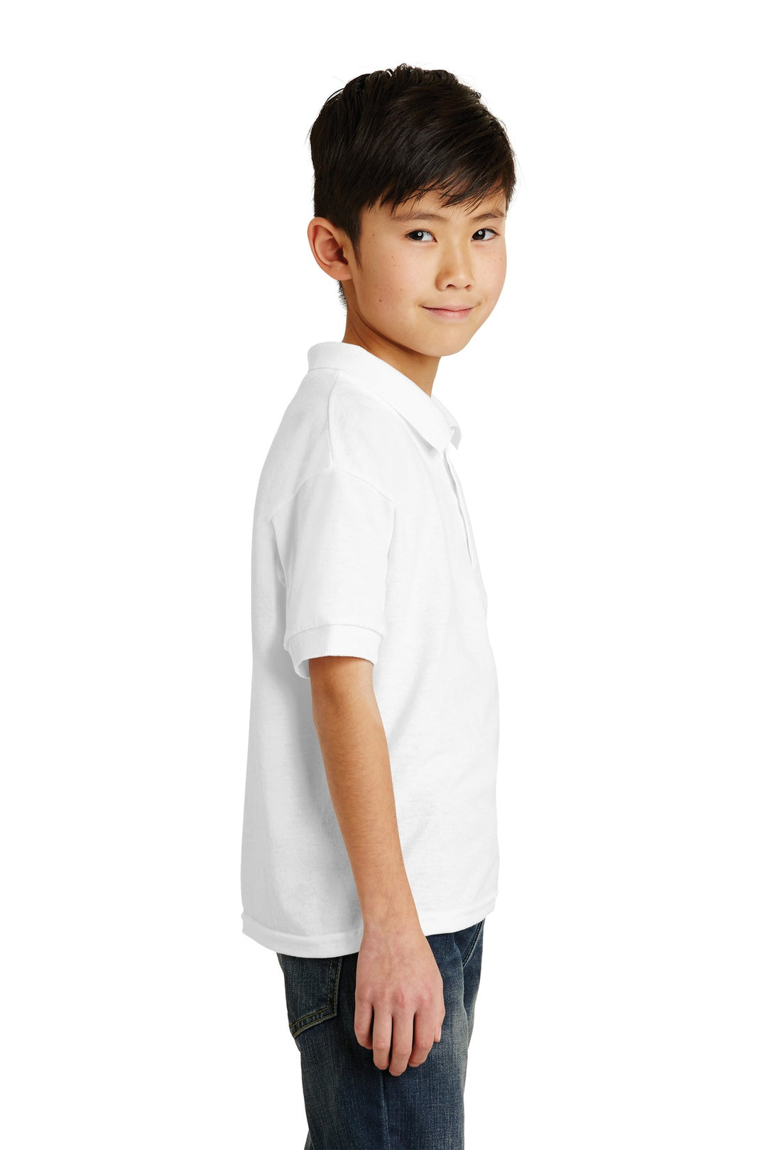 White Gildan Youth DryBlend 6-Ounce Jersey Knit Sport Shirt. 8800B