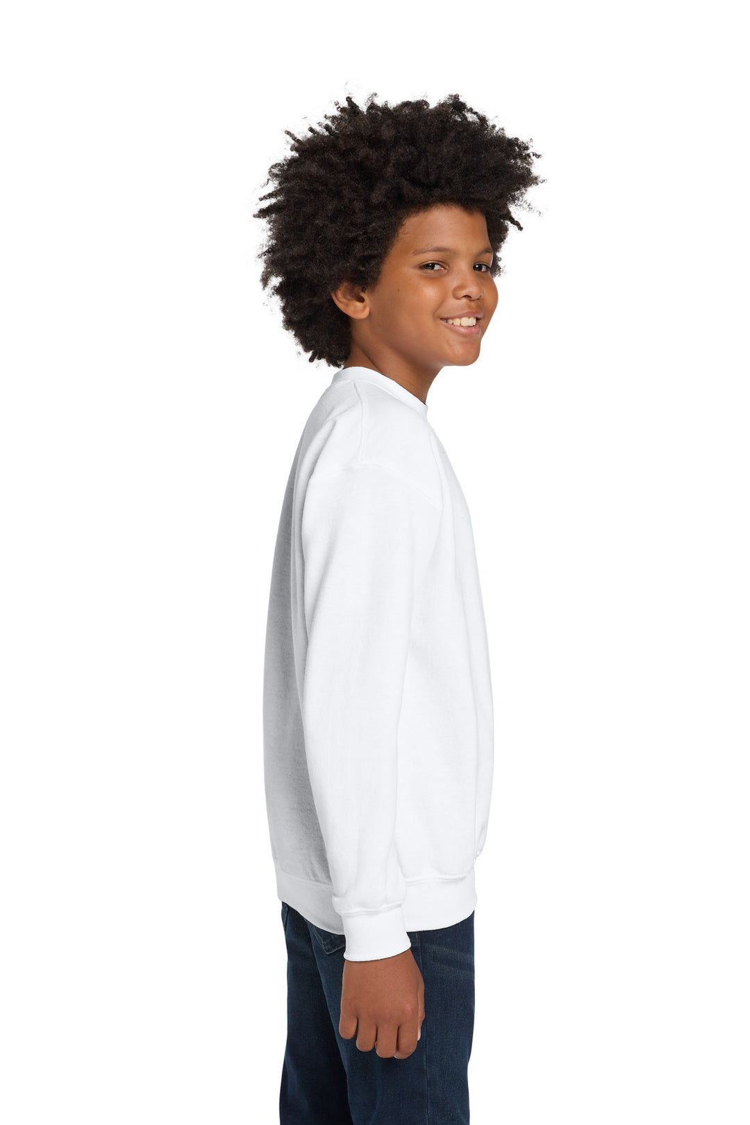 White Gildan Youth Heavy Blend Crewneck Sweatshirt. 18000B