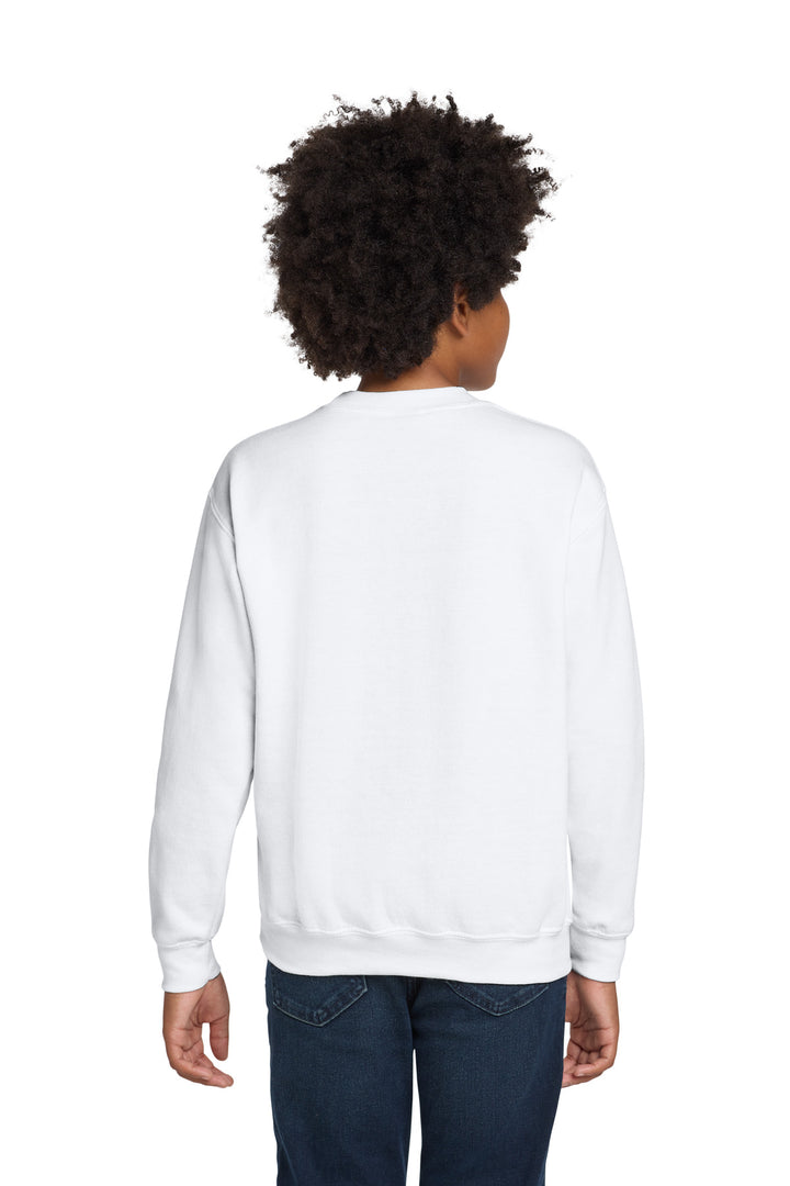 White Gildan Youth Heavy Blend Crewneck Sweatshirt. 18000B