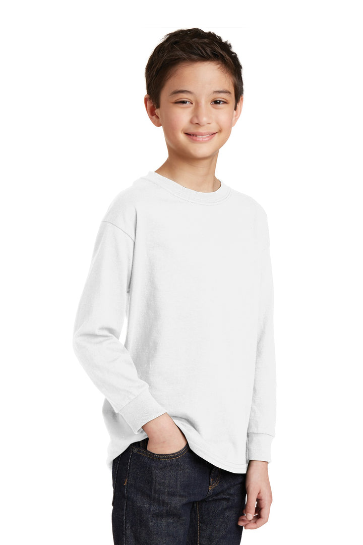 White Gildan Youth Heavy Cotton 100% Cotton Long Sleeve T-Shirt. 5400B