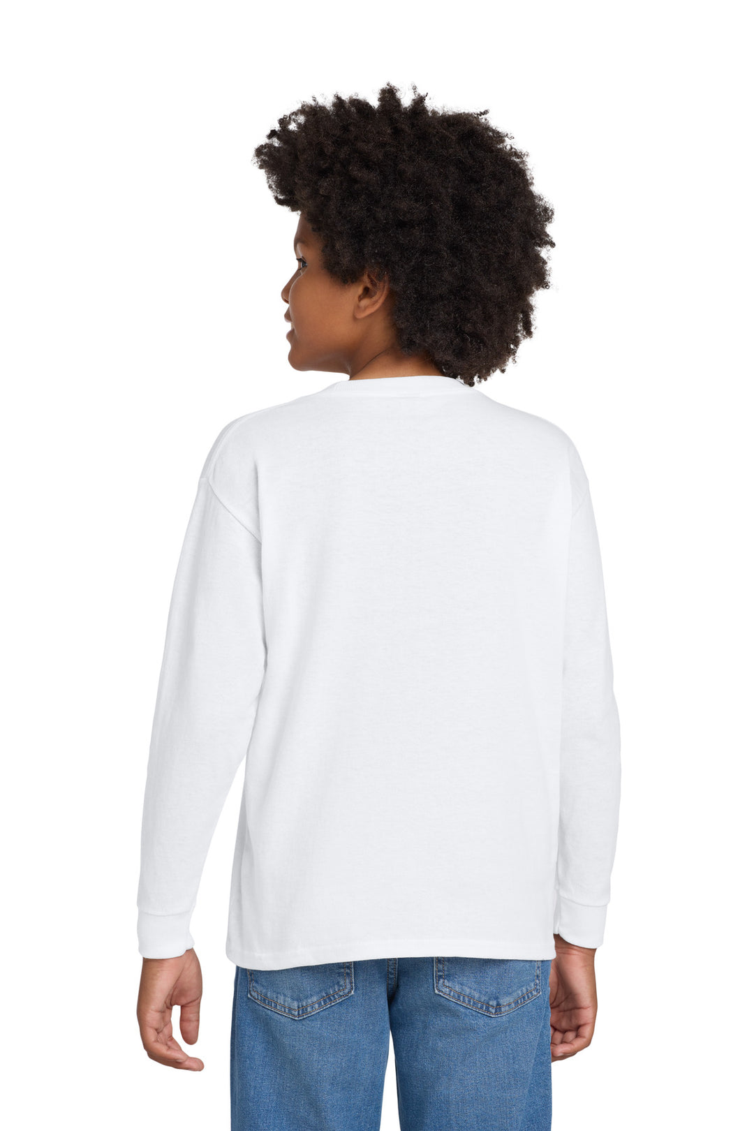 White Gildan Youth Heavy Cotton 100% Cotton Long Sleeve T-Shirt. 5400B