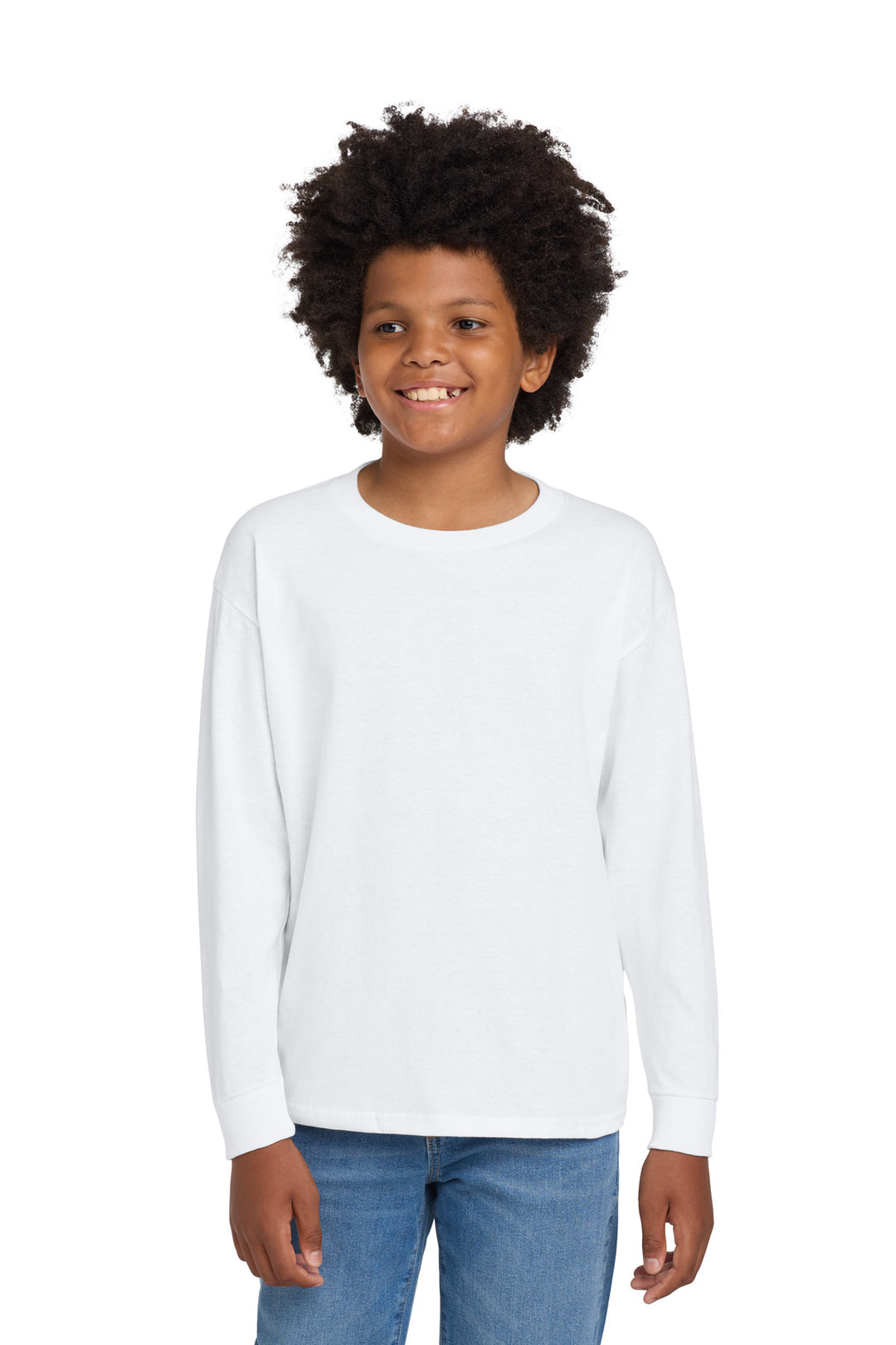 White Gildan Youth Heavy Cotton 100% Cotton Long Sleeve T-Shirt. 5400B
