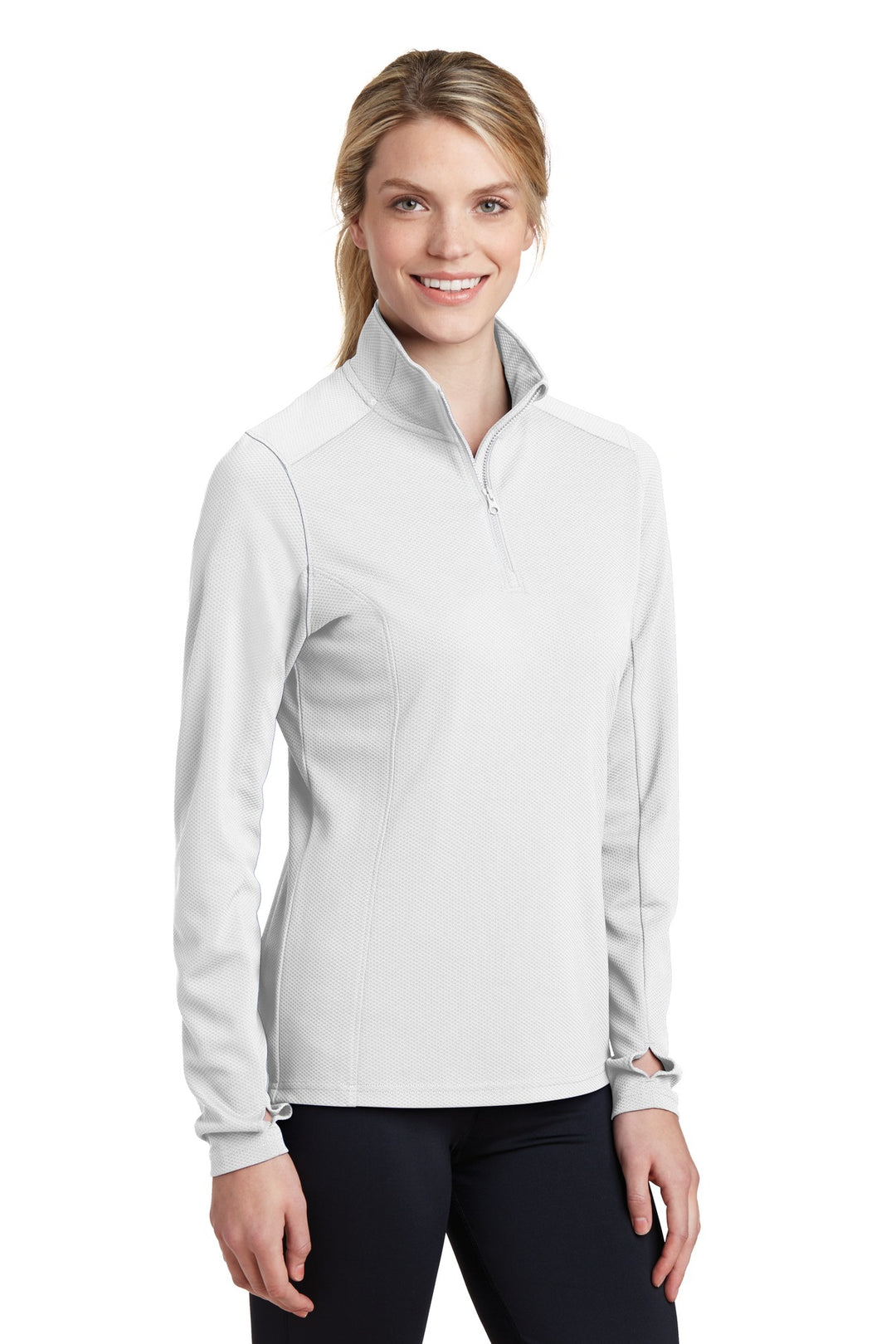 White Sport-Tek Women's Sport-Wick Textured 1/4-Zip Pullover. LST860