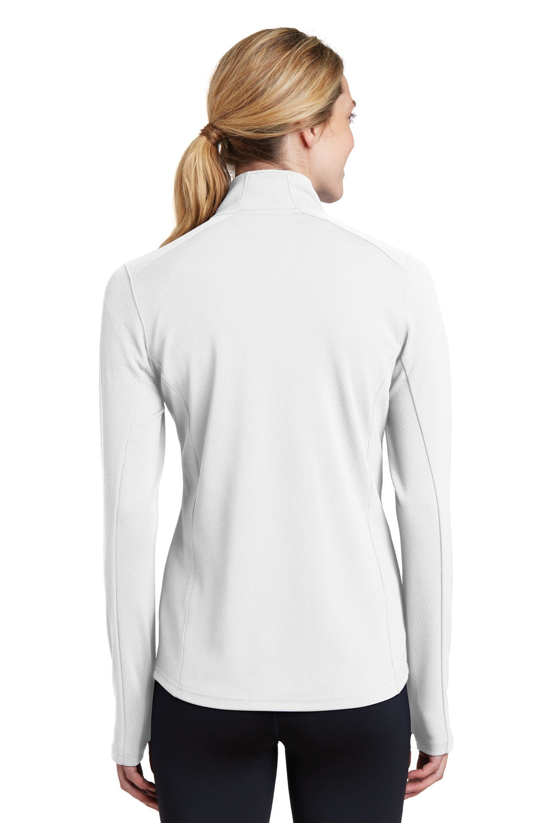 White Sport-Tek Women's Sport-Wick Textured 1/4-Zip Pullover. LST860