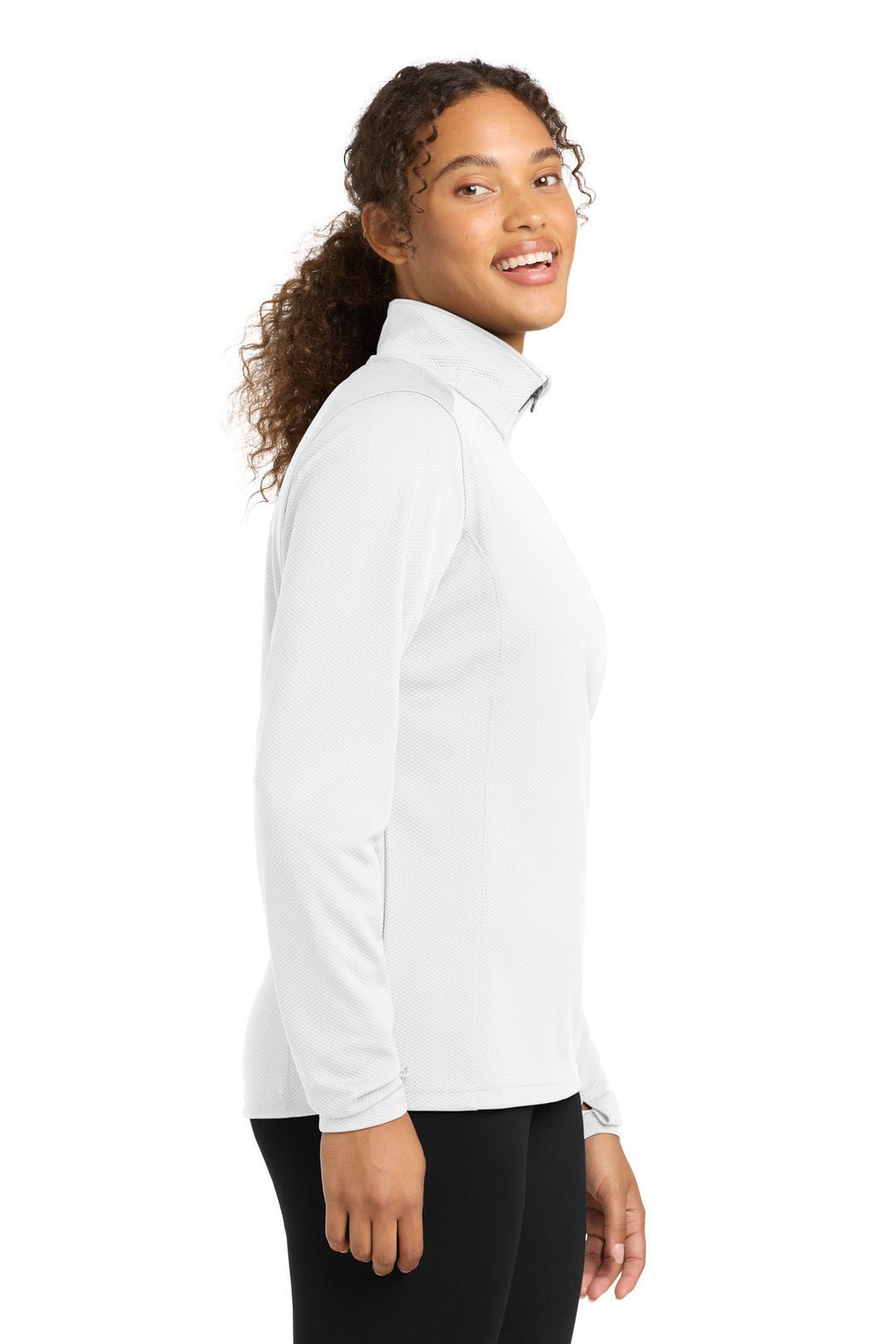 White Sport-Tek Women's Sport-Wick Textured 1/4-Zip Pullover. LST860