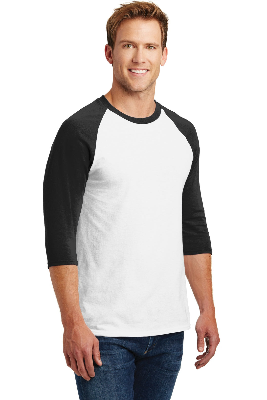 White/Black Gildan Heavy Cotton 3/4-Sleeve Raglan T-Shirt. 5700