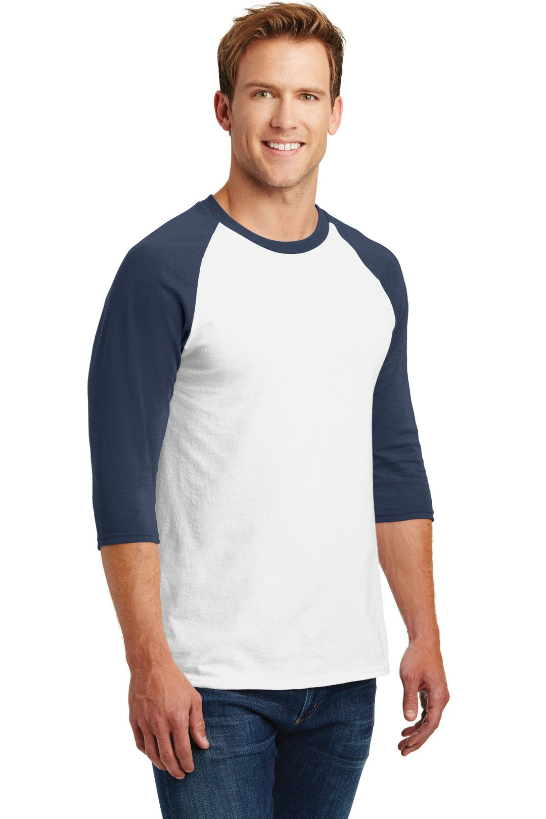 White/Navy Gildan Heavy Cotton 3/4-Sleeve Raglan T-Shirt. 5700