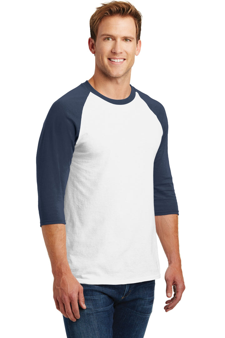 White/Navy Gildan Heavy Cotton 3/4-Sleeve Raglan T-Shirt. 5700