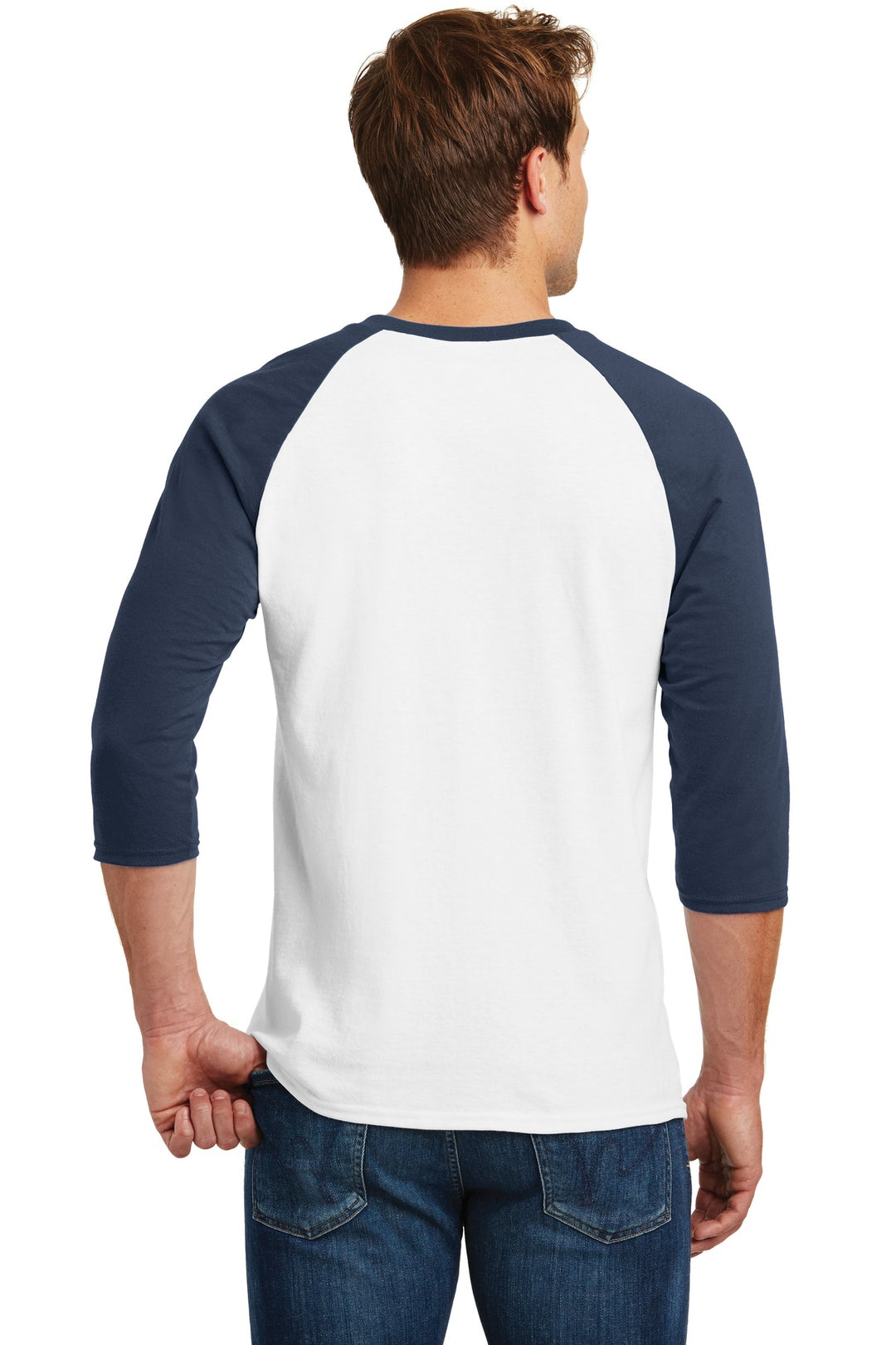 White/Navy Gildan Heavy Cotton 3/4-Sleeve Raglan T-Shirt. 5700