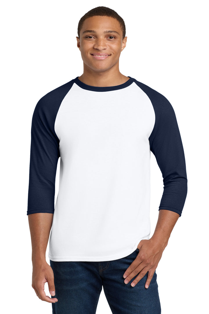 White/Navy Gildan Heavy Cotton 3/4-Sleeve Raglan T-Shirt. 5700