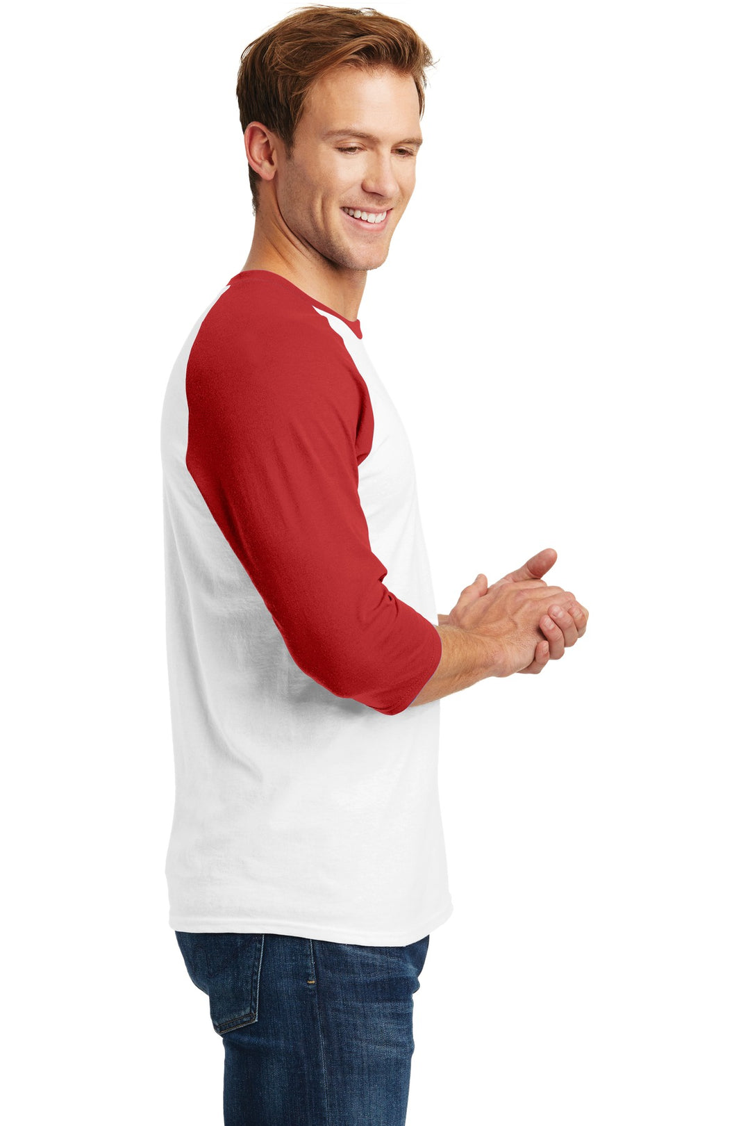 White/Red Gildan Heavy Cotton 3/4-Sleeve Raglan T-Shirt. 5700