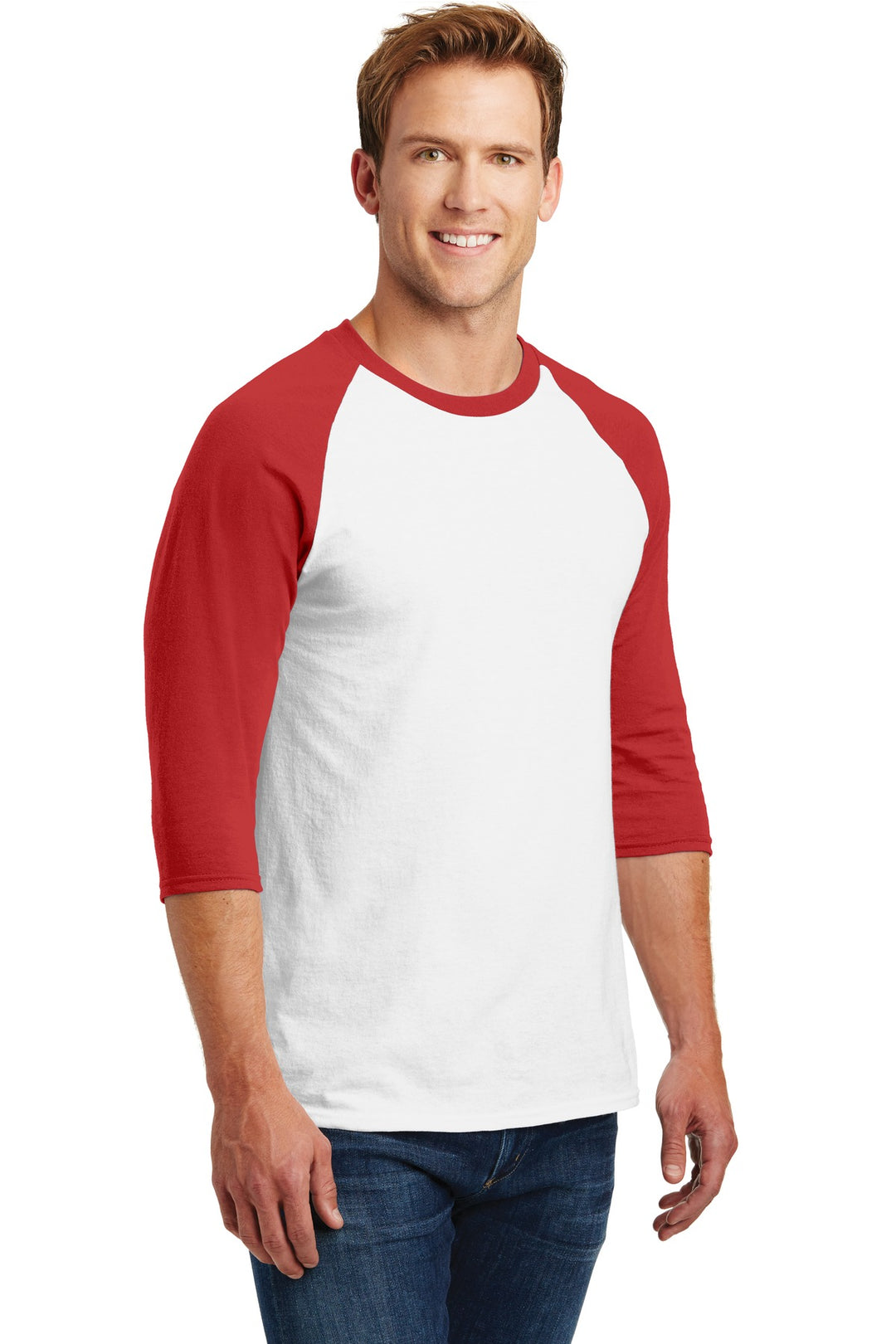 White/Red Gildan Heavy Cotton 3/4-Sleeve Raglan T-Shirt. 5700