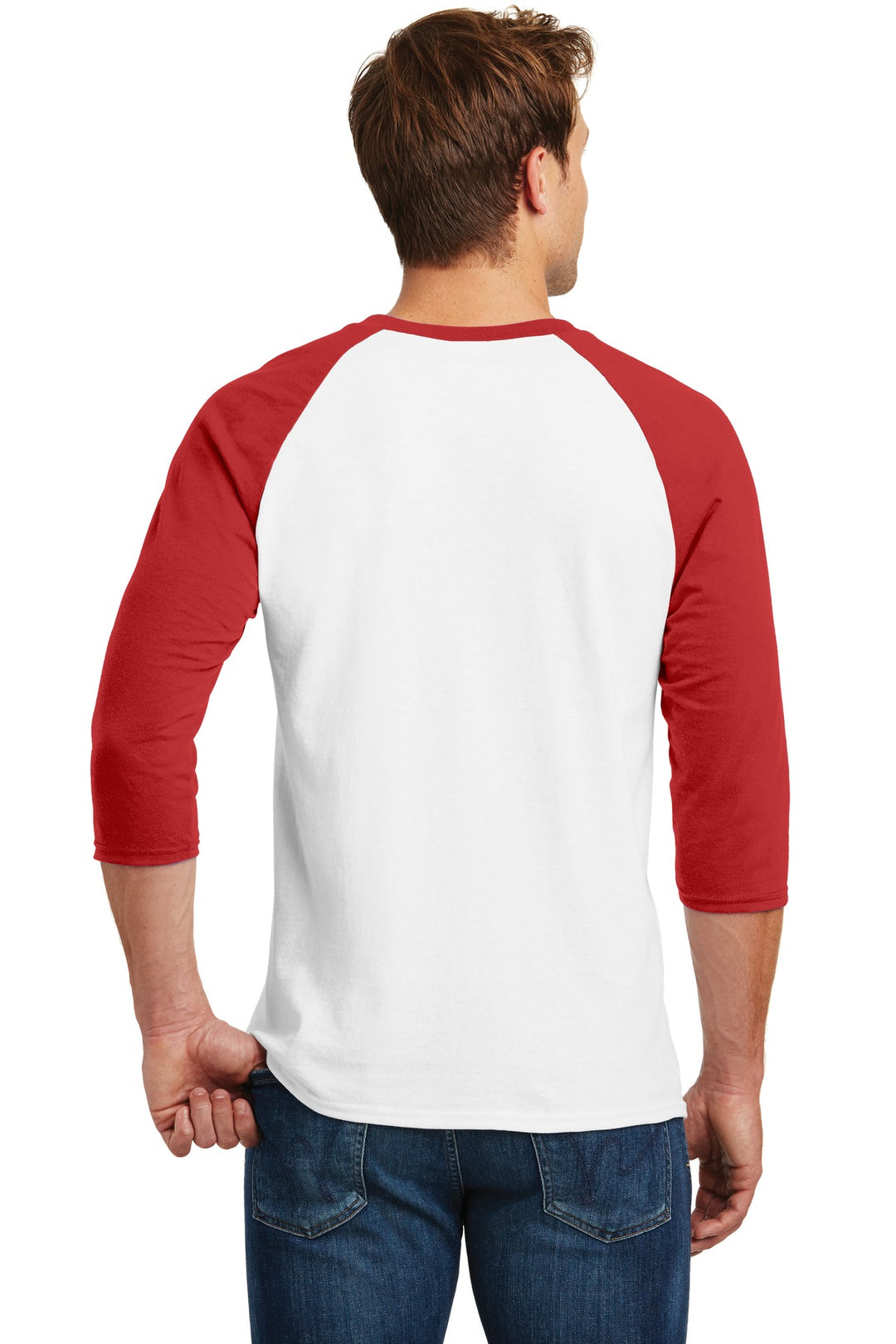 White/Red Gildan Heavy Cotton 3/4-Sleeve Raglan T-Shirt. 5700
