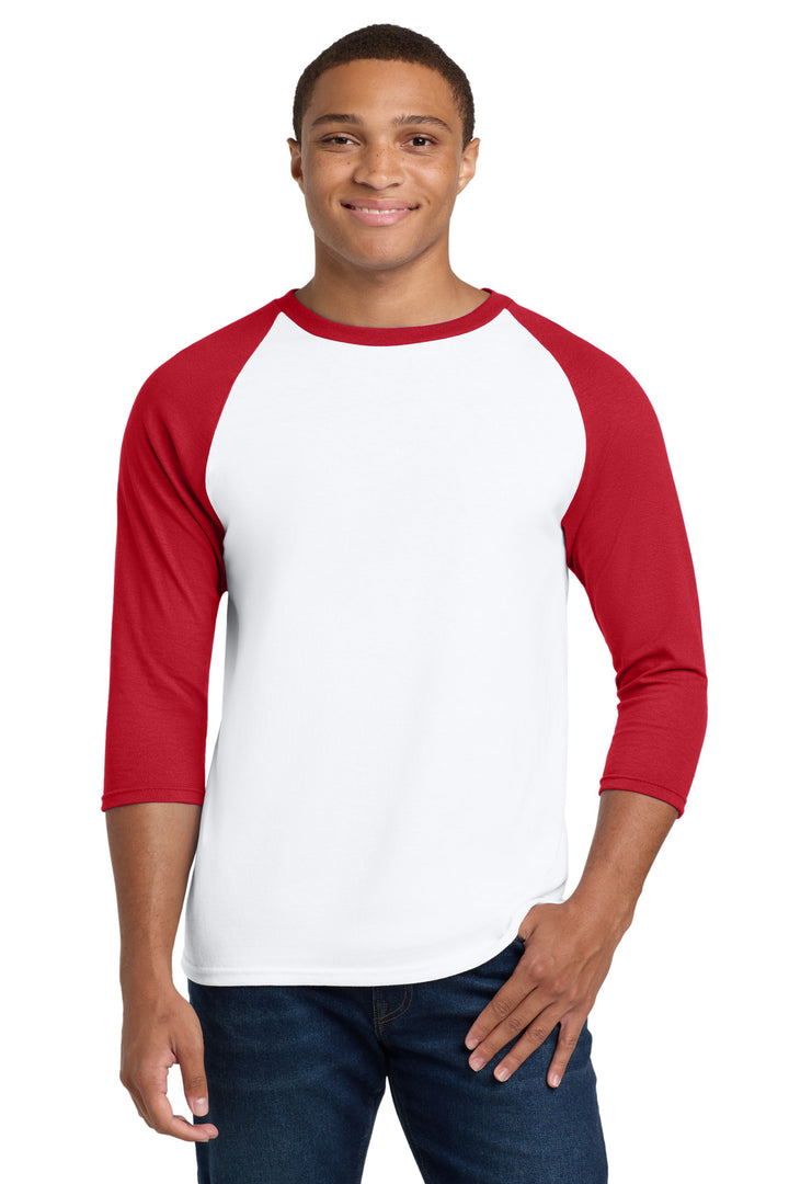 White/Red Gildan Heavy Cotton 3/4-Sleeve Raglan T-Shirt. 5700