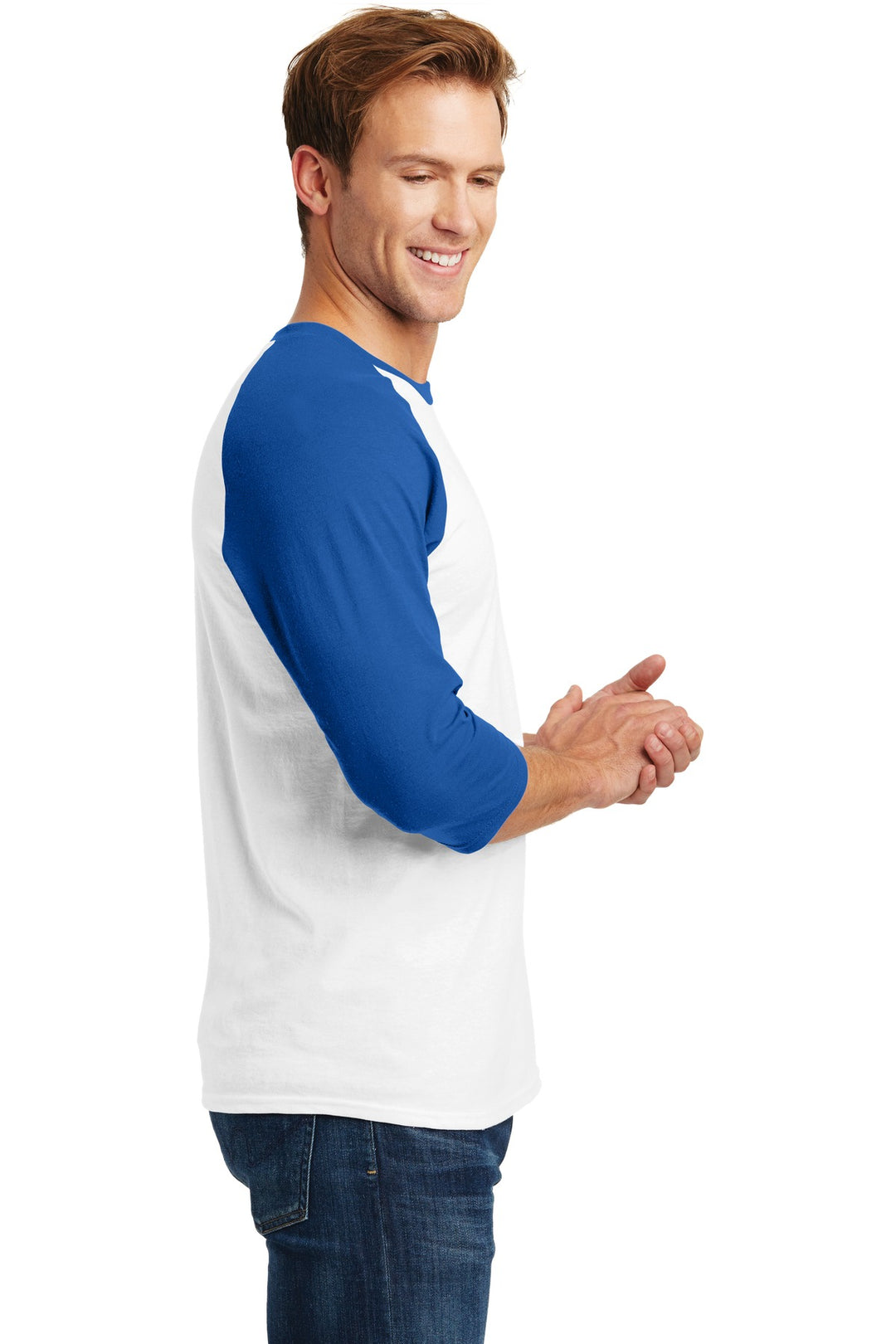White/Royal Gildan Heavy Cotton 3/4-Sleeve Raglan T-Shirt. 5700