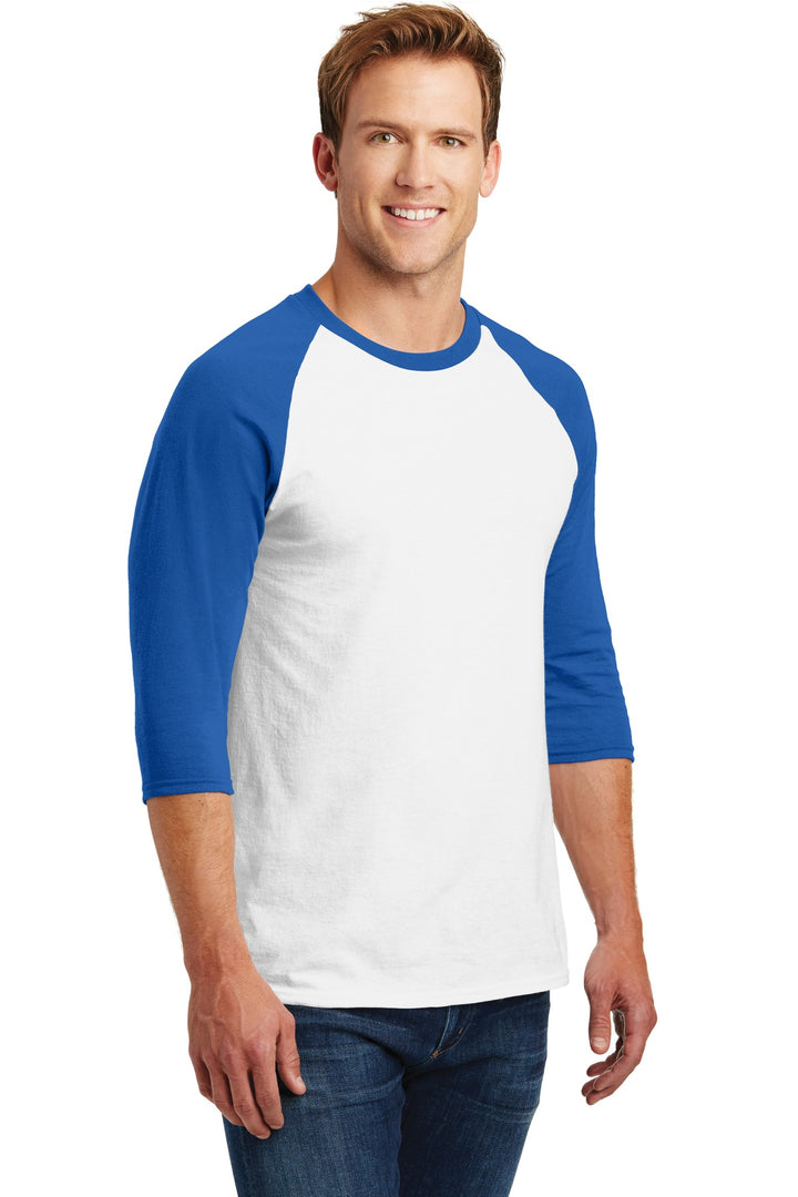 White/Royal Gildan Heavy Cotton 3/4-Sleeve Raglan T-Shirt. 5700