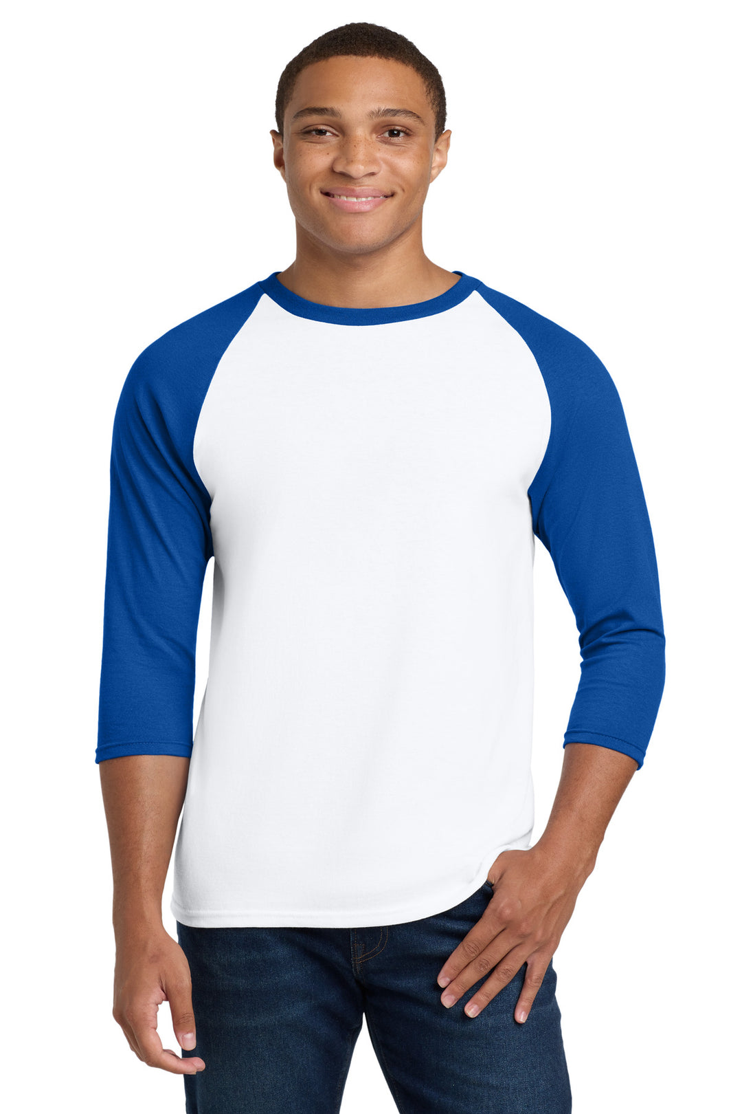White/Royal Gildan Heavy Cotton 3/4-Sleeve Raglan T-Shirt. 5700